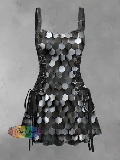 Women’s Vintage Geometric Sequins Colourful Print Strappy Sleeveless Strappy Mini Dress Gray / S