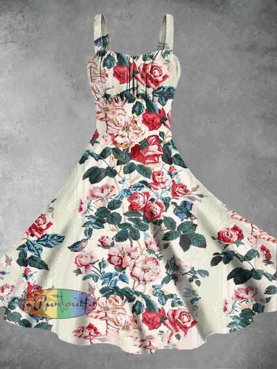 Women’s Vintage Gothic Casual Colorful Floral Print Midi Dress White / S