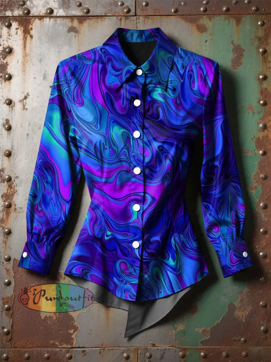 Women’s Vintage Gothic Colorful Gradient Ripple Printed Casual Long Sleeve Irregular Shirt Blue / S