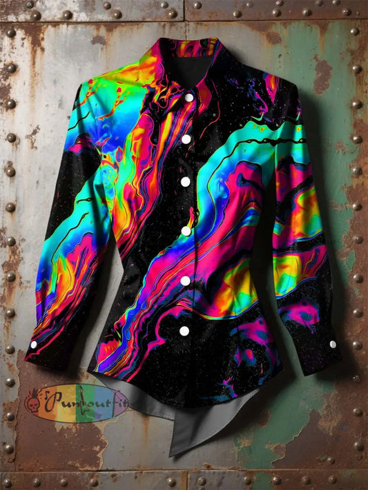 Women’s Vintage Gothic Colorful Ripple Printed Casual Long Sleeve Irregular Shirt Multicolour / S