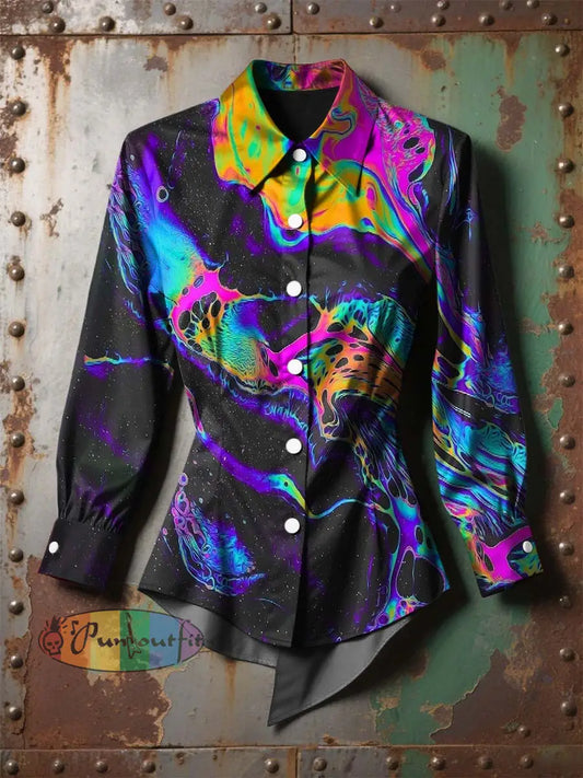 Women’s Vintage Gothic Colorful Ripple Printed Casual Long Sleeve Irregular Shirt Purple / S