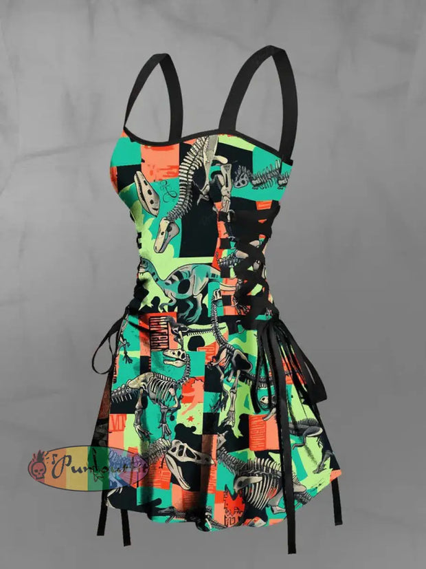 Women’s Vintage Gothic Colourful Dinosaur Block Abstract Print Strappy Sleeveless Strappy Mini Dress Green / S