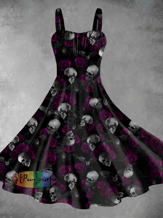 Women’s Vintage Gothic Dark Punk Skull Rose Print Midi Dress Black / S