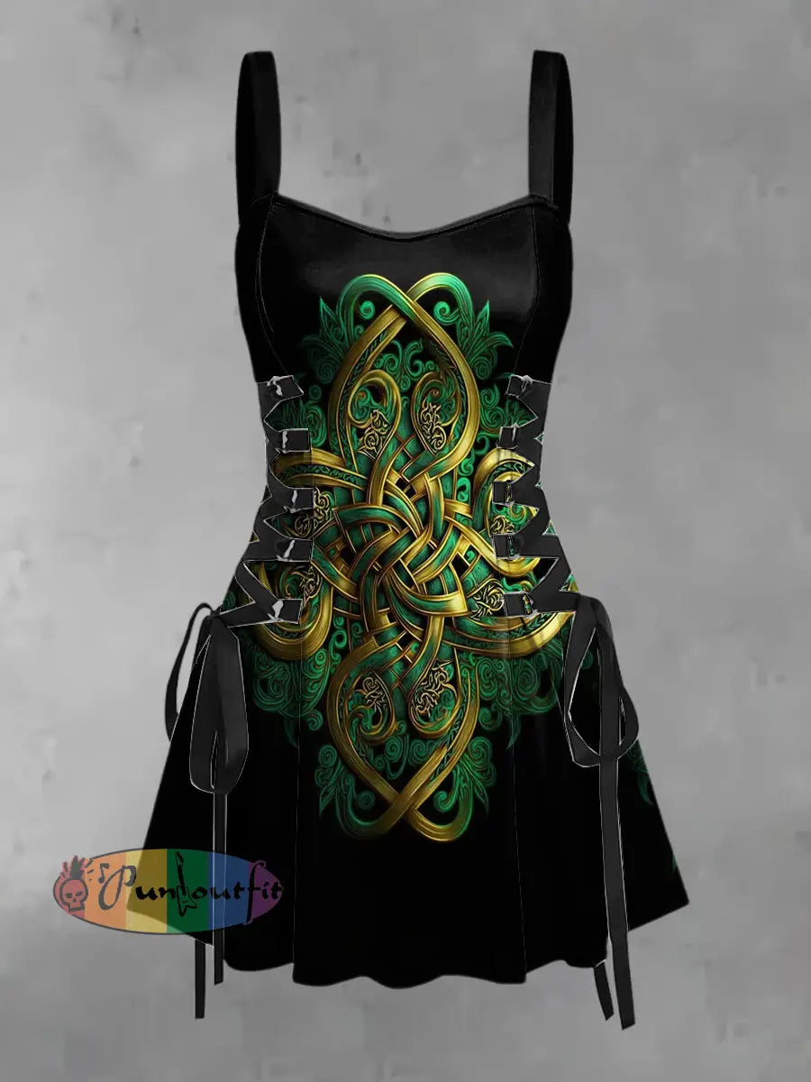 Women’s Vintage Gothic Dark St Patrick’s Knot Print Strappy Sleeveless Strappy Mini Dress Green / S