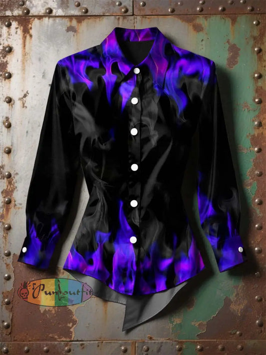 Women’s Vintage Gothic Flame Gradient Printed Casual Long Sleeve Irregular Shirt Purple / S