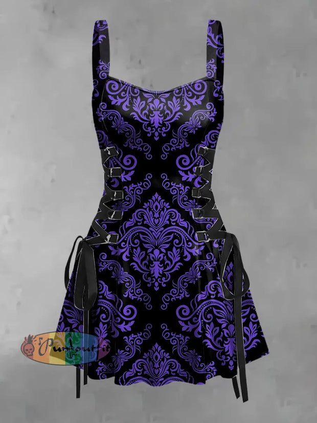 Women’s Vintage Gothic Floral Elegance Print Strappy Sleeveless Mini Dress Purple / S