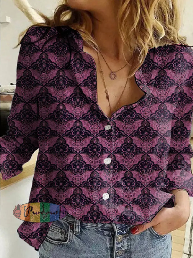 Women’s Vintage Gothic Geometric Bat Printed Casual Long Sleeve Shirt