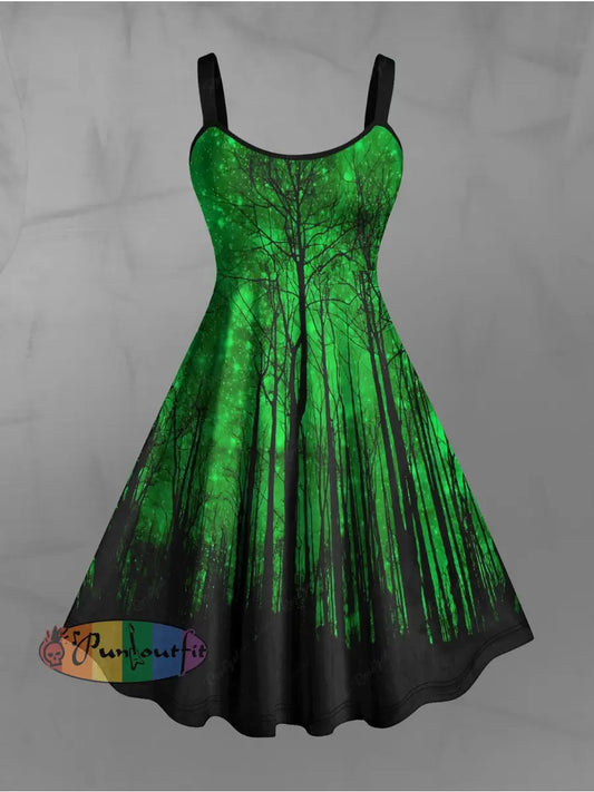 Women’s Vintage Gothic Green Forest Abstract Print Midi Dress Green / S