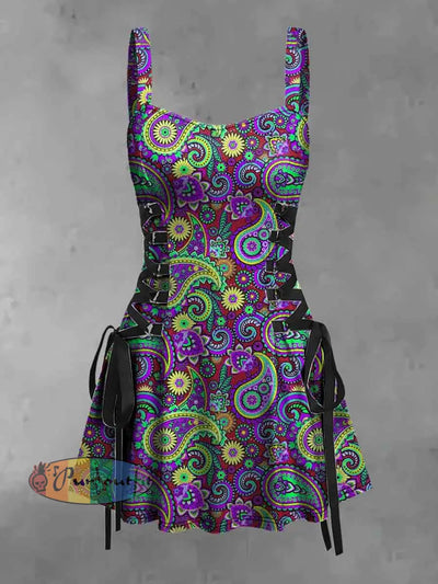 Women’s Vintage Gothic Hippie Perris Flowers Print Strappy Sleeveless Strappy Mini Dress Purple / S