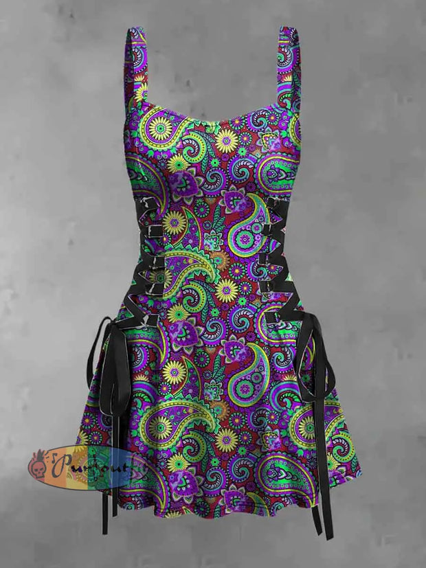 Women’s Vintage Gothic Hippie Perris Flowers Print Strappy Sleeveless Strappy Mini Dress Purple / S