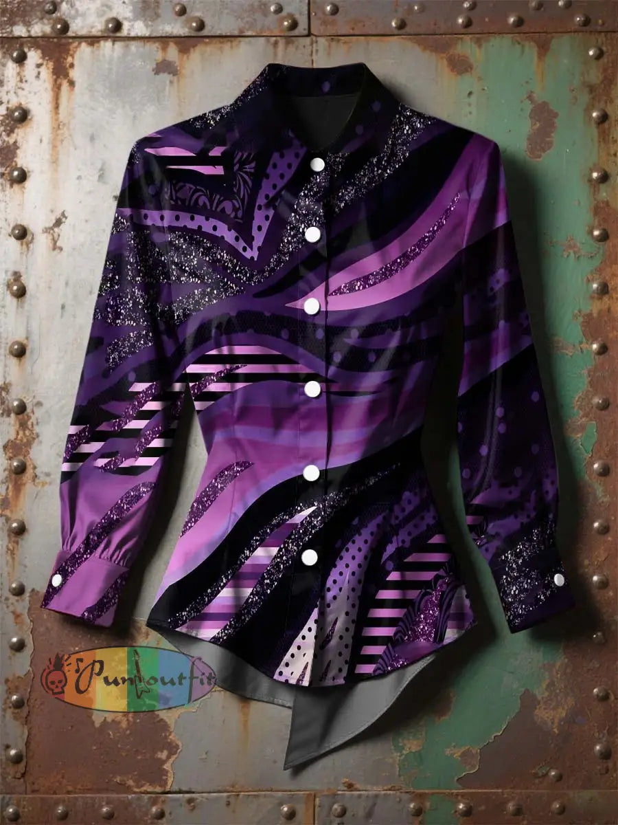 Women’s Vintage Gothic Lines Spliced with Sequins Printed Casual Long Sleeve Irregular Shirt Purple / S