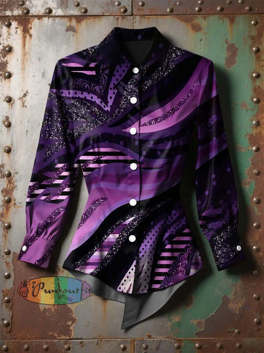Women’s Vintage Gothic Lines Spliced with Sequins Printed Casual Long Sleeve Irregular Shirt Purple / S