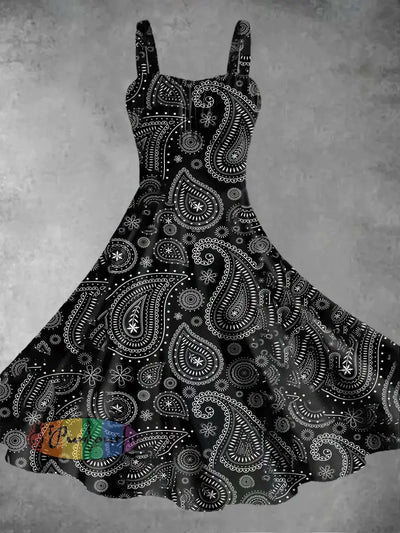 Women’s Vintage Gothic Peris Hippie Print Midi Dress Black / S