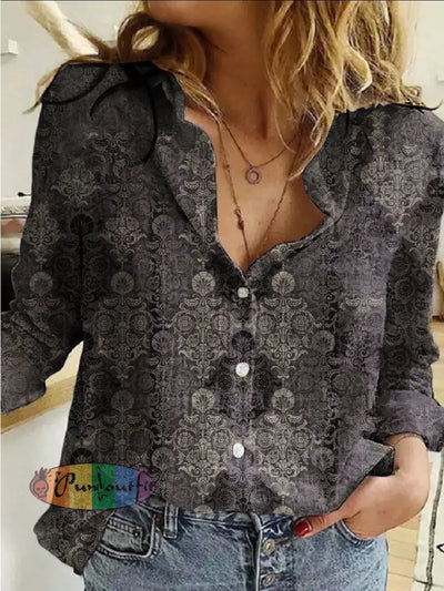 Women’s Vintage Gothic Perris Floral Aged Printed Casual Long Sleeve Shirt