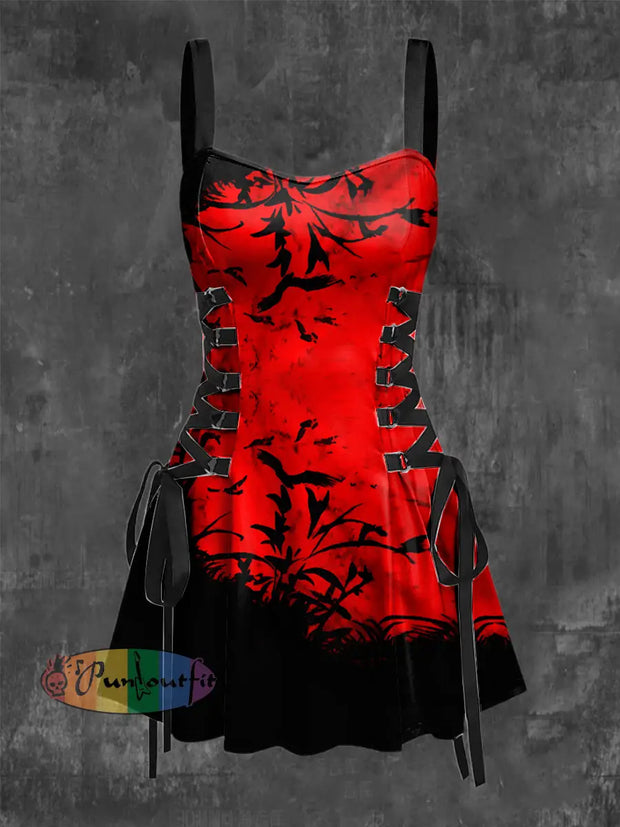 Women’s Vintage Gothic Punk Gradient Bird Bat Print Strappy Sleeveless Mini Dress Red / S