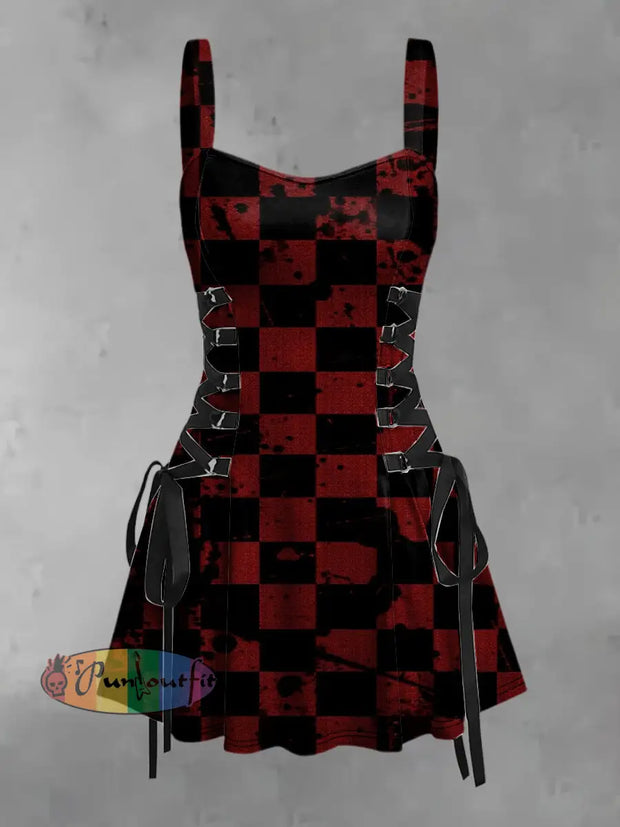 Women’s Vintage Gothic Punk Plaid Graffiti Print Strappy Sleeveless Strappy Mini Dress Red / S