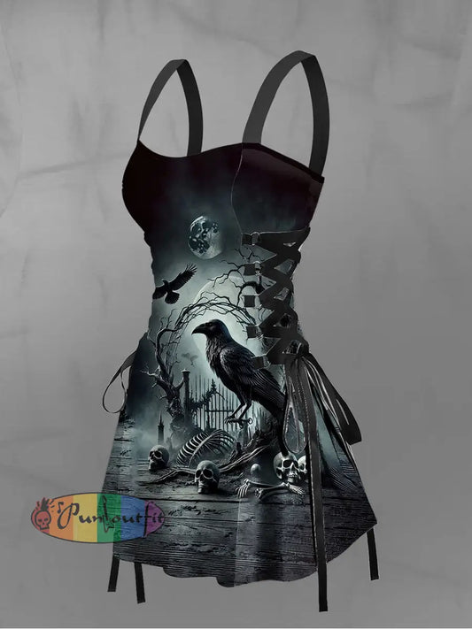 Women’s Vintage Gothic Punk Skull Raven Moon Print Strappy Sleeveless Strappy Mini Dress Gray / S