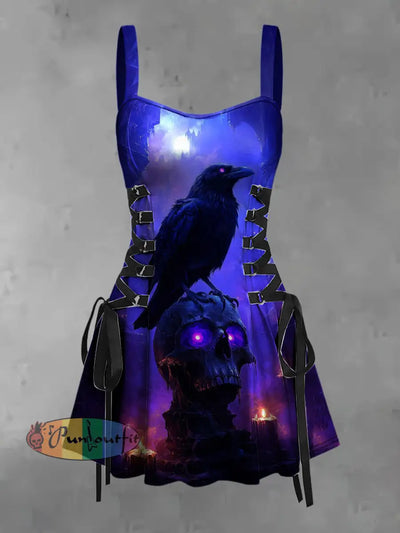 Women’s Vintage Gothic Punk Skull Raven Print Strappy Sleeveless Strappy Mini Dress Purple / S