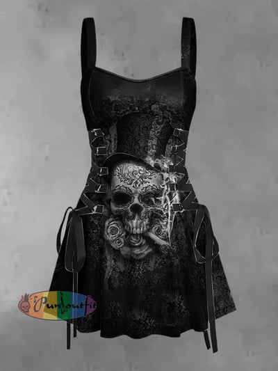 Women’s Vintage Gothic Punk Skull Smoking Print Strappy Sleeveless Strappy Mini Dress Dark Gray / S