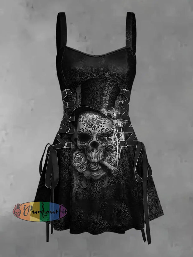 Women’s Vintage Gothic Punk Skull Smoking Print Strappy Sleeveless Strappy Mini Dress Dark Gray / S