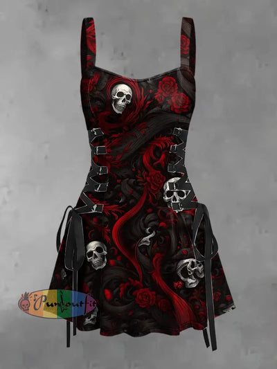 Women’s Vintage Gothic Punk Skulls Flower Print Strappy Sleeveless Strappy Mini Dress Red / S