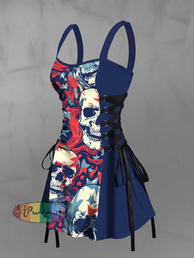 Women’s Vintage Gothic Punk Star Skull Patchwork Abstract Print Strappy Sleeveless Strappy Mini Dress Blue / S