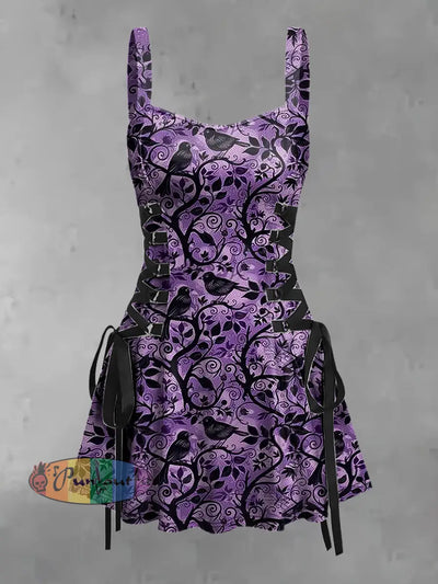 Women’s Vintage Gothic Punk Twig Birds Print Strappy Sleeveless Mini Dress Purple / S