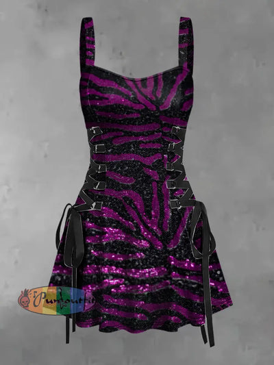 Women’s Vintage Gothic Purple Sequins Print Strappy Sleeveless Strappy Mini Dress Purple / S