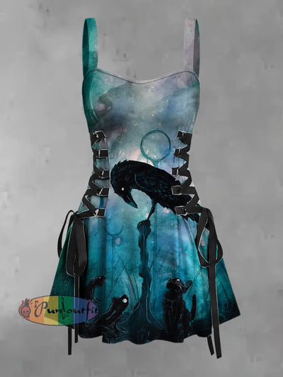 Women’s Vintage Gothic Raven Cat Mouse Frog Print Strappy Sleeveless Strappy Mini Dress Green / S