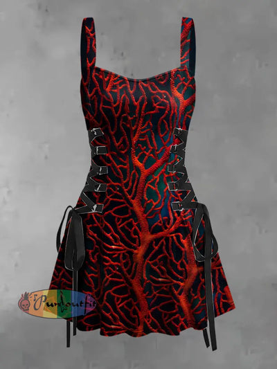 Women’s Vintage Gothic Red Coral Print Strappy Sleeveless Strappy Mini Dress Red / S
