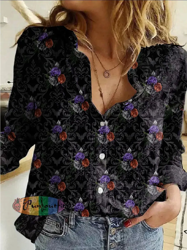 Women’s Vintage Gothic Rose Flower Printed Casual Long Sleeve Shirt