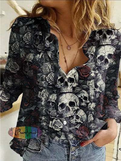 Women’s Vintage Gothic Skull Graffiti Rose Printed Casual Long Sleeve Shirt