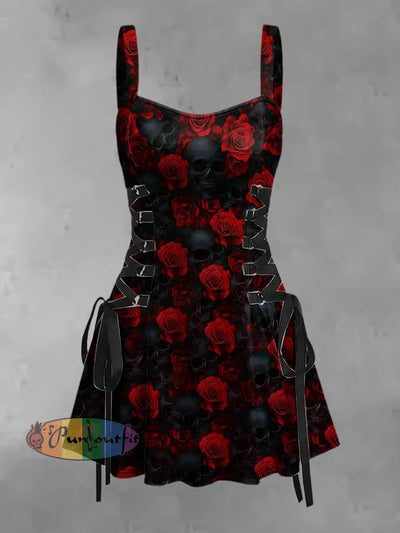 Women’s Vintage Gothic Skull Rose Floral Abstract Print Strappy Sleeveless Strappy Mini Dress Red / S