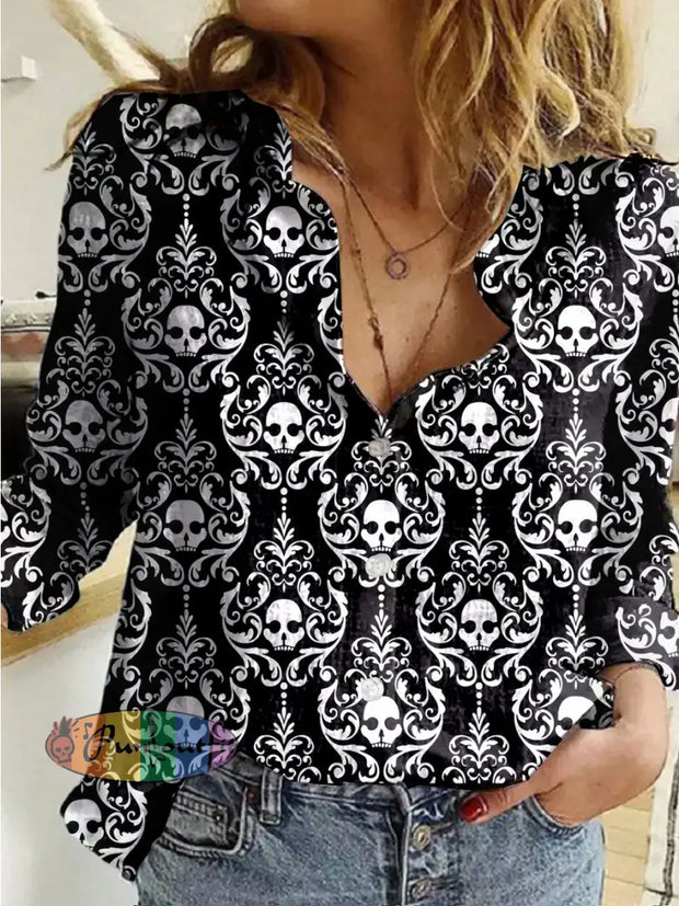 Women’s Vintage Gothic Skull Rose Printed Casual Long Sleeve Shirt