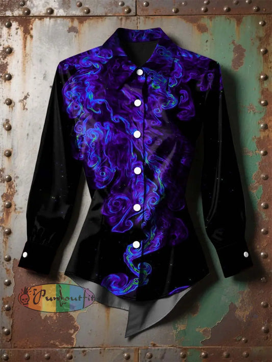 Women’s Vintage Gothic Smoke Gradient Printed Casual Long Sleeve Irregular Shirt Purple / S