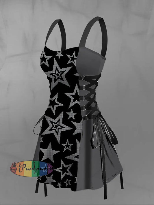 Women’s Vintage Gothic Stars Print Strappy Sleeveless Strappy Mini Dress Black / S