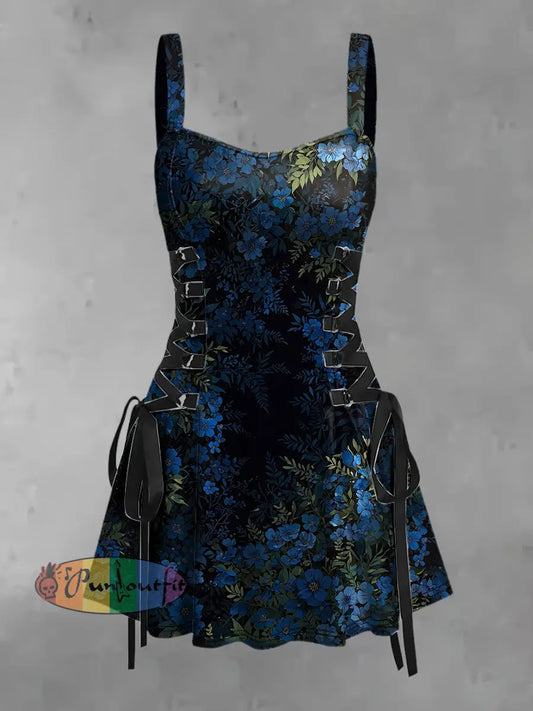 Women’s Vintage Gradient Blue Floral Art Print Strappy Sleeveless Strappy Mini Dress Blue / S