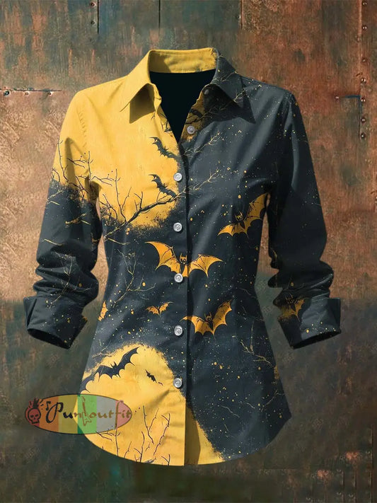 Women’s Vintage Halloween Bat Gradient Forest Printed Casual Long Sleeve Regular Shirts Yellow / S
