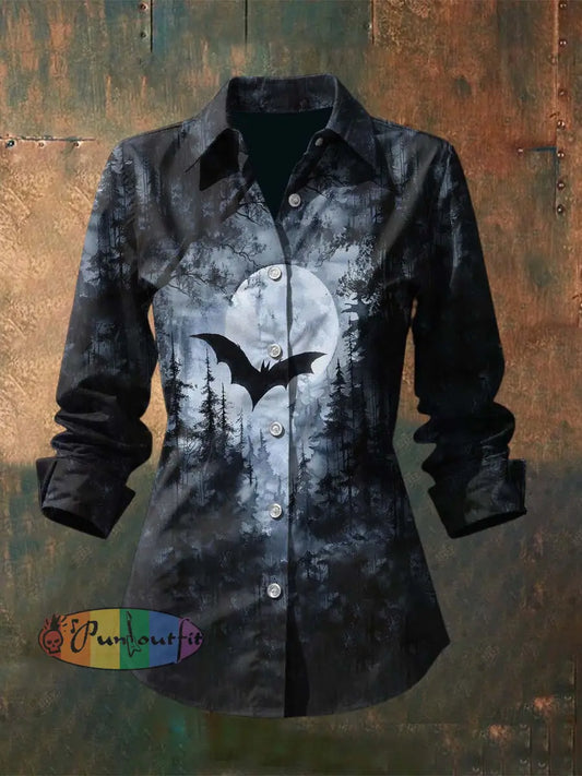 Women’s Vintage Halloween Bat Gradient Moon Forest Printed Casual Long Sleeve Regular Shirts Black / S