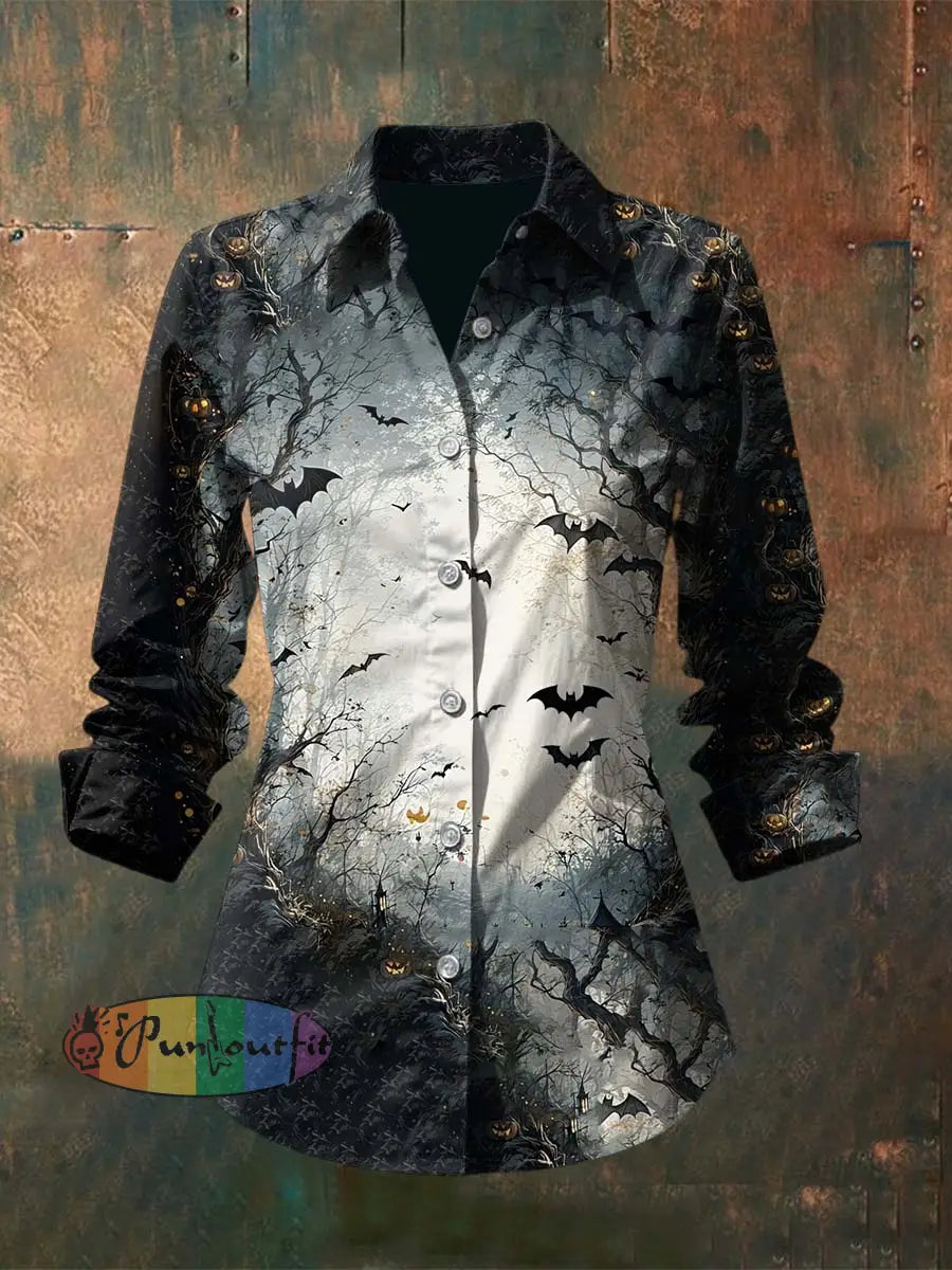 Women’s Vintage Halloween Bat Gradient Printed Casual Long Sleeve Regular Shirts Black / S