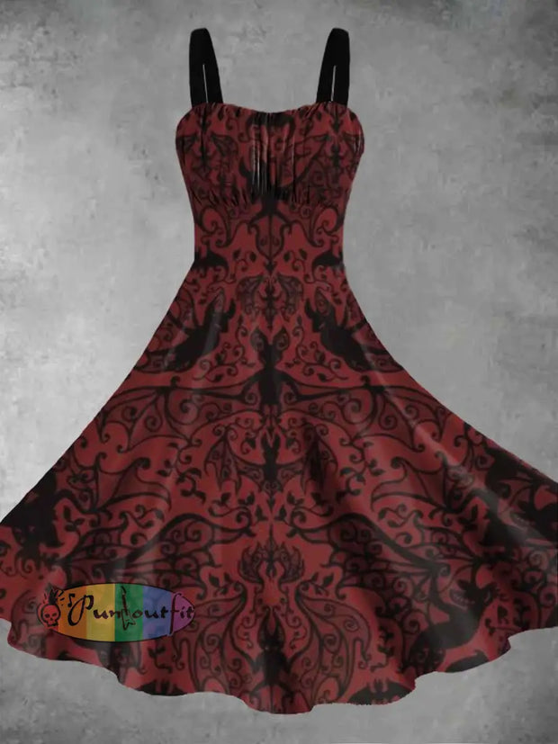 Women’s Vintage Halloween Bat Print Suspender Dress Deep Wine / S