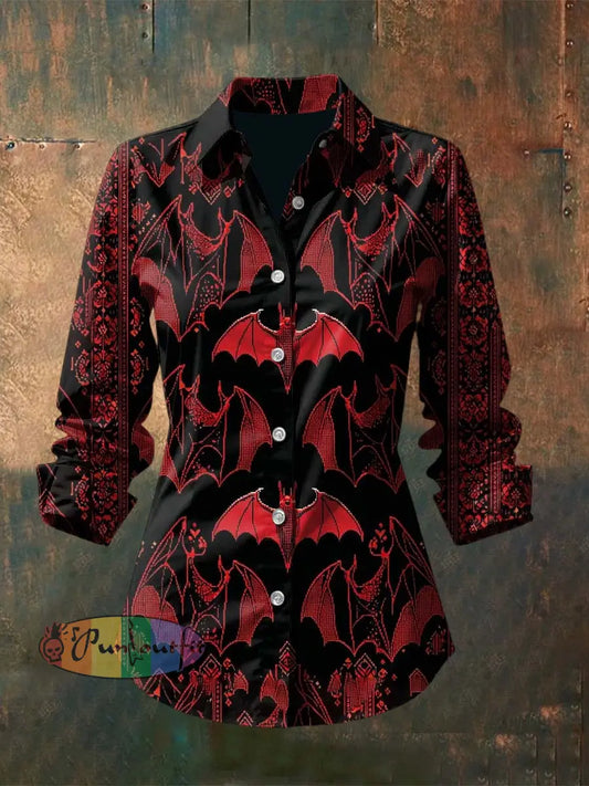 Women’s Vintage Halloween Bat Printed Casual Long Sleeve Regular Shirts Red / S