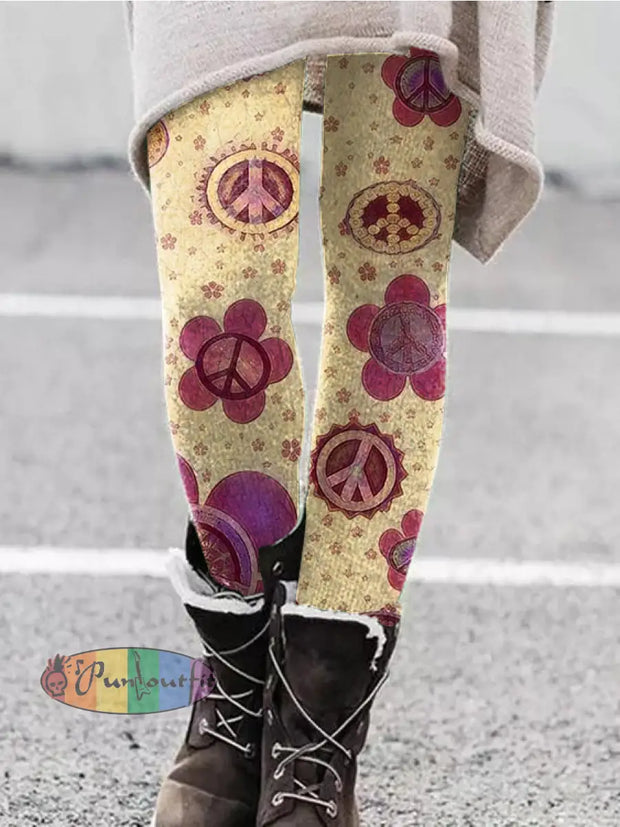 Women’s Vintage Hippie And Peaceful Flower Print Casual Leggings Apricot / S