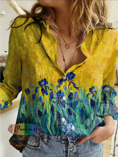 Women’s Vintage Hippie Colorful Floral Tulip Abstract Printed Casual Long Sleeve Shirt