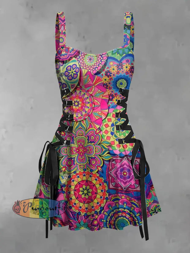 Women’s Vintage Hippie Colorful Peris Persian Patterns Print Strappy Sleeveless Mini Dress As