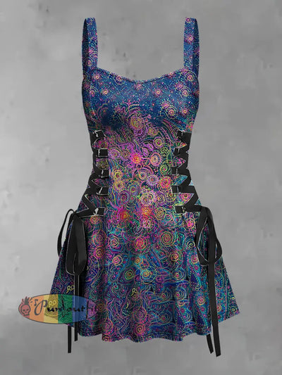 Women’s Vintage Hippie Colorful Swirls Print Strappy Sleeveless Mini Dress As Picture / S