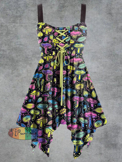 Women’s Vintage Mushroom Print Tie-Strap Slip Dress Yellow / S