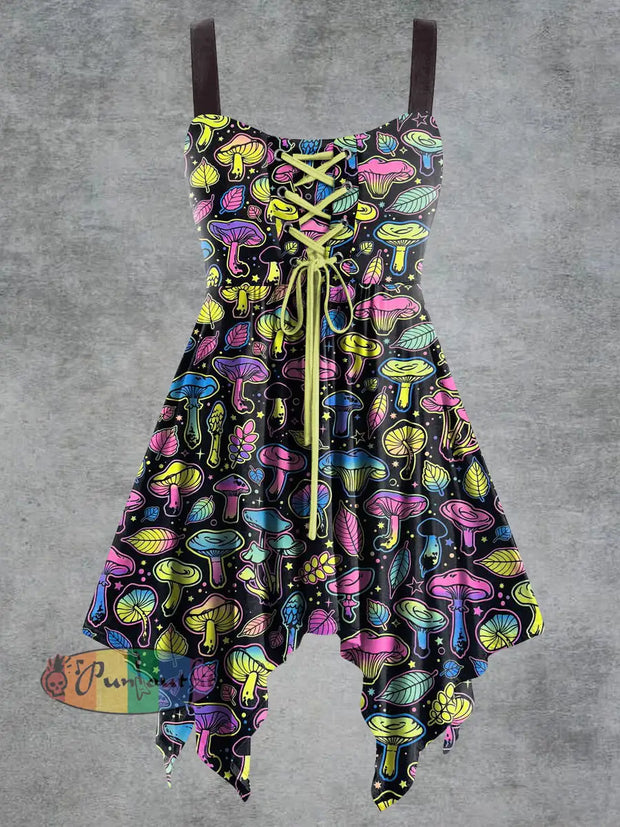 Women’s Vintage Mushroom Print Tie-Strap Slip Dress Yellow / S