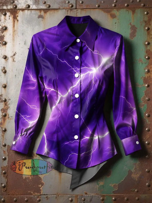 Women’s Vintage Music Festival Lightning Lines Printed Casual Long Sleeve Irregular Shirt Purple / S