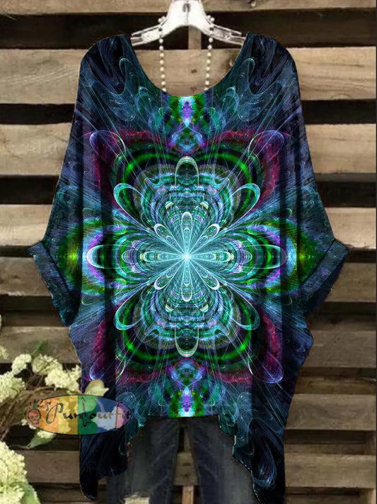 Women’s Vintage Psychedelic Mandala Print Design Top Blue-Green / S